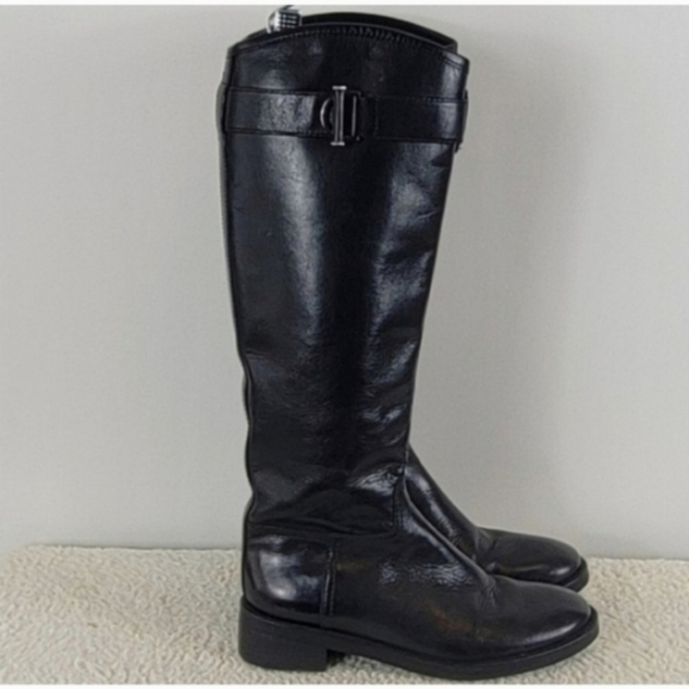 TORY BURCH Boots Grace Saddle Black Leather Crinkle Style Riding Boots Size 6